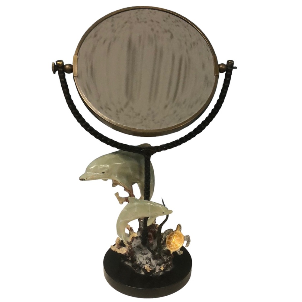 SPI Brass Glass Dolphin & Turtle Round  16” Vanity‎ Mirror Nature Whimsy Decor